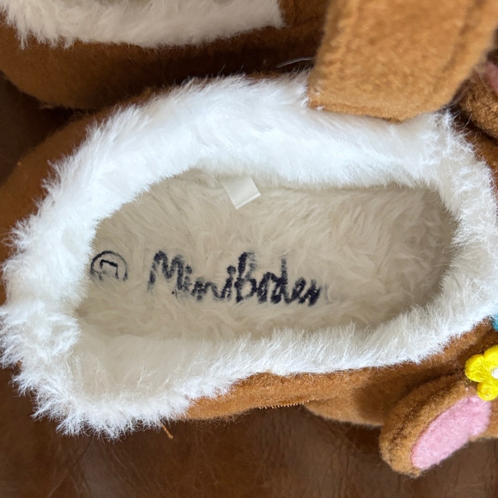 Mini Boden Brown Plush Animal Mary Janes with Colorful Flower Accents - Picture 2 of 7